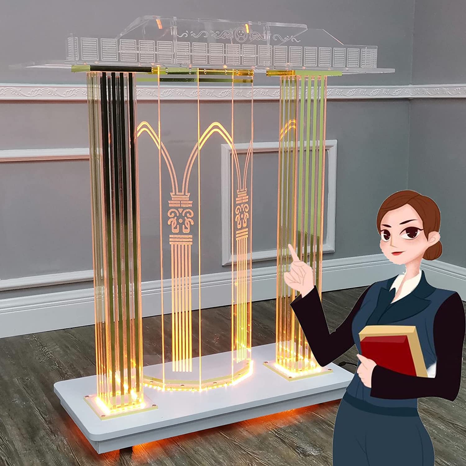 FUYAO LED Lights Church Pulpit, Clear Acrylic Podium With Rollers & Vertical Reading Platform, Transparent Pulpits For Office Classroom Church Speech