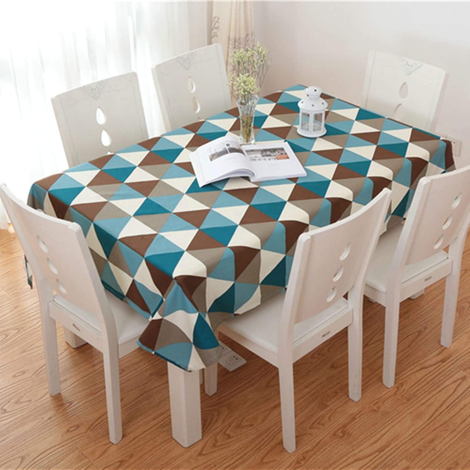 Copritavolo Rettangolare Cucina Blu, Motivo a Triangolo, in Cotone Lavabile, 130 x 180 cm, per Casa