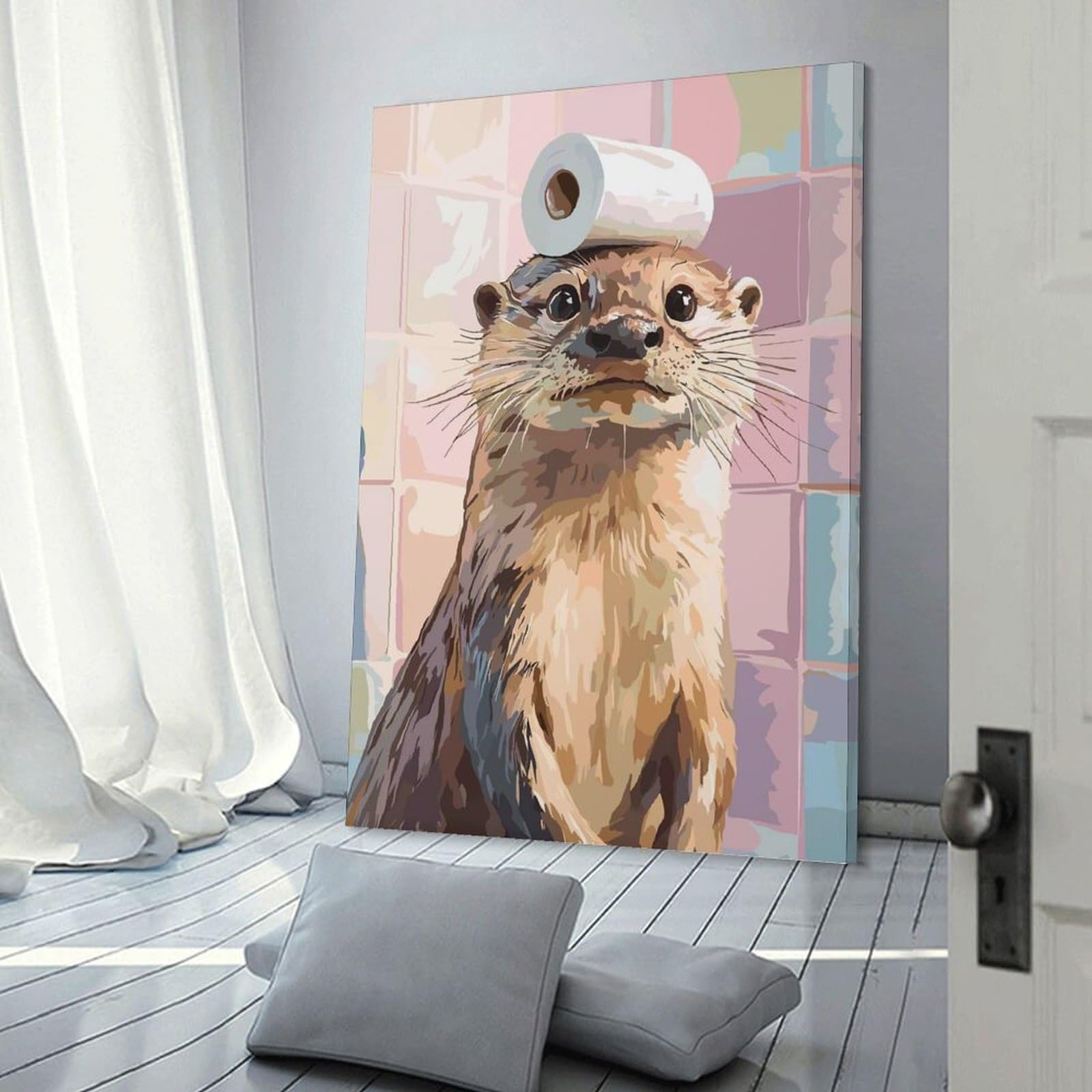 Junmoney Wall Picture Print Otter with Toilet Paper on Head, 08x12inch(20x30cm), for Hallway, Bedroom Or Modern Interiors, Thoughtful Wall Decor for Art Lovers