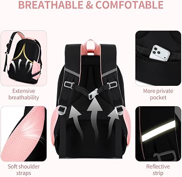 Backpack 4 Colours, Black pink, Medium, School