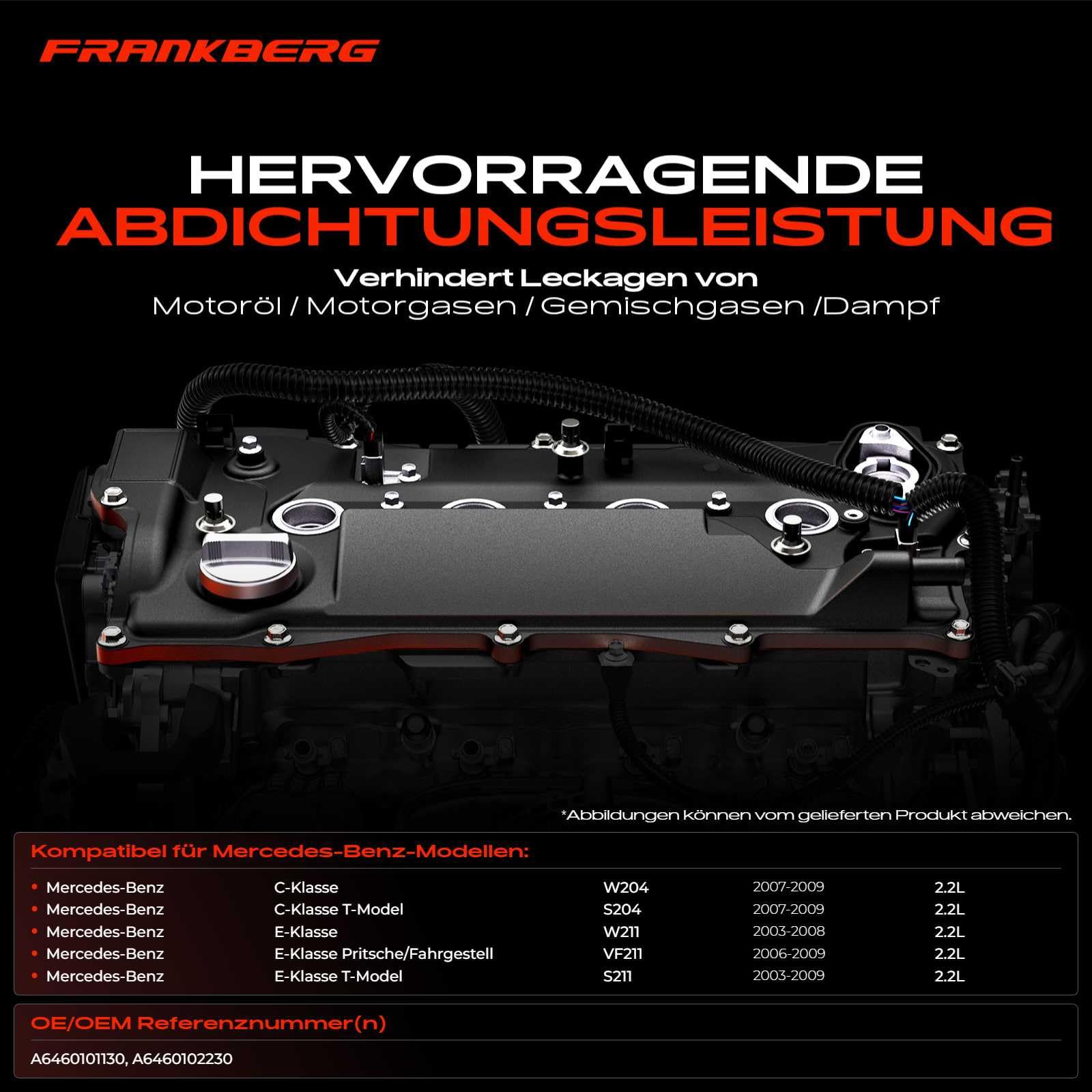 Frankberg Zylinderkopfhaube Ventildeckel mit Gewindebolzen Ventildeckeldichtung Kompatibel mit C-Klasse W204 C200 CDI C220 CDI 2.2L 2.2L 2007-2010 Replace# A6460101130