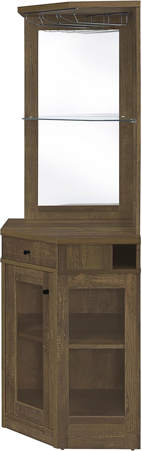 Coaster Home Furnishings - Alviso - Wood - Corner Bar Cabinet with Drawer, Bottle Storage and Stemware Racks - Dining Room & Home Bar - Rustic Oak - 182303