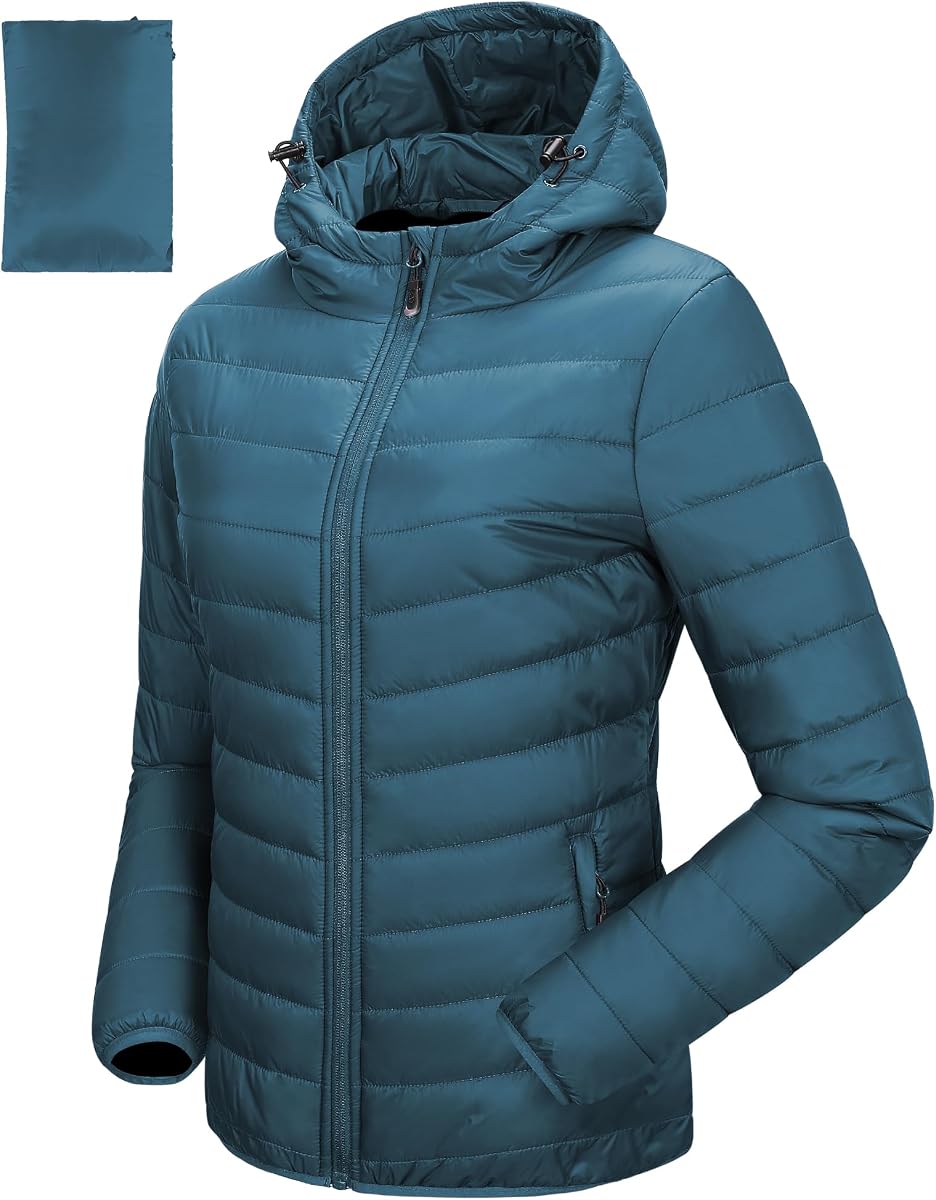 Women's Hooded Packable Puffer Jacket Lightweight Warm Winter Coat | Water-resistant, Windproof, Quilted Puffy, Insulated, Full Zip, Foldable for Hiking, Travel, Ski, Rain Snow, Cold Weather