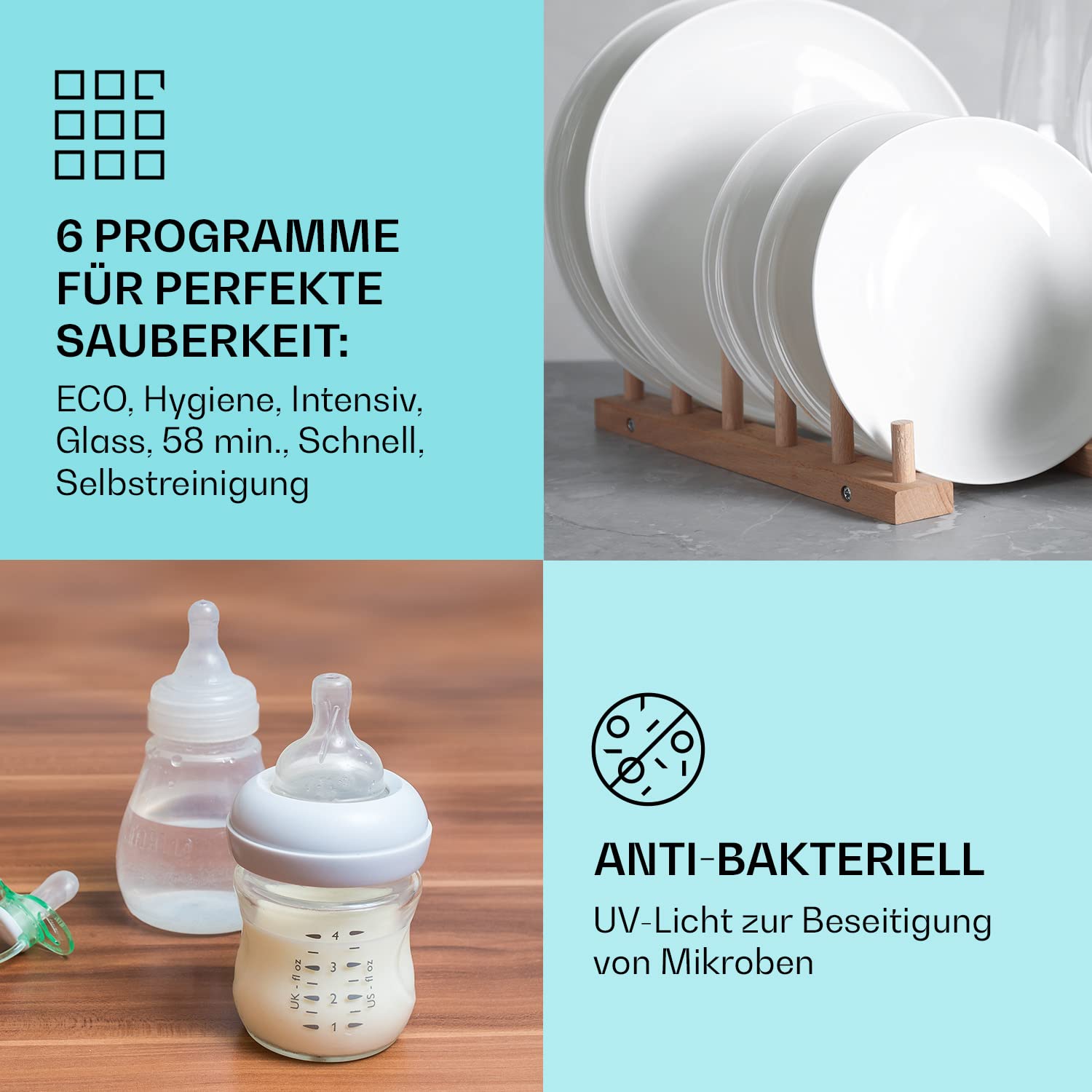 Klarstein Mini-Geschirrspüler für 6 Gedecke, leiser UV-Geschirrspüler mit 6 Spülprogrammen, klein für Zuhause Büro Camping
