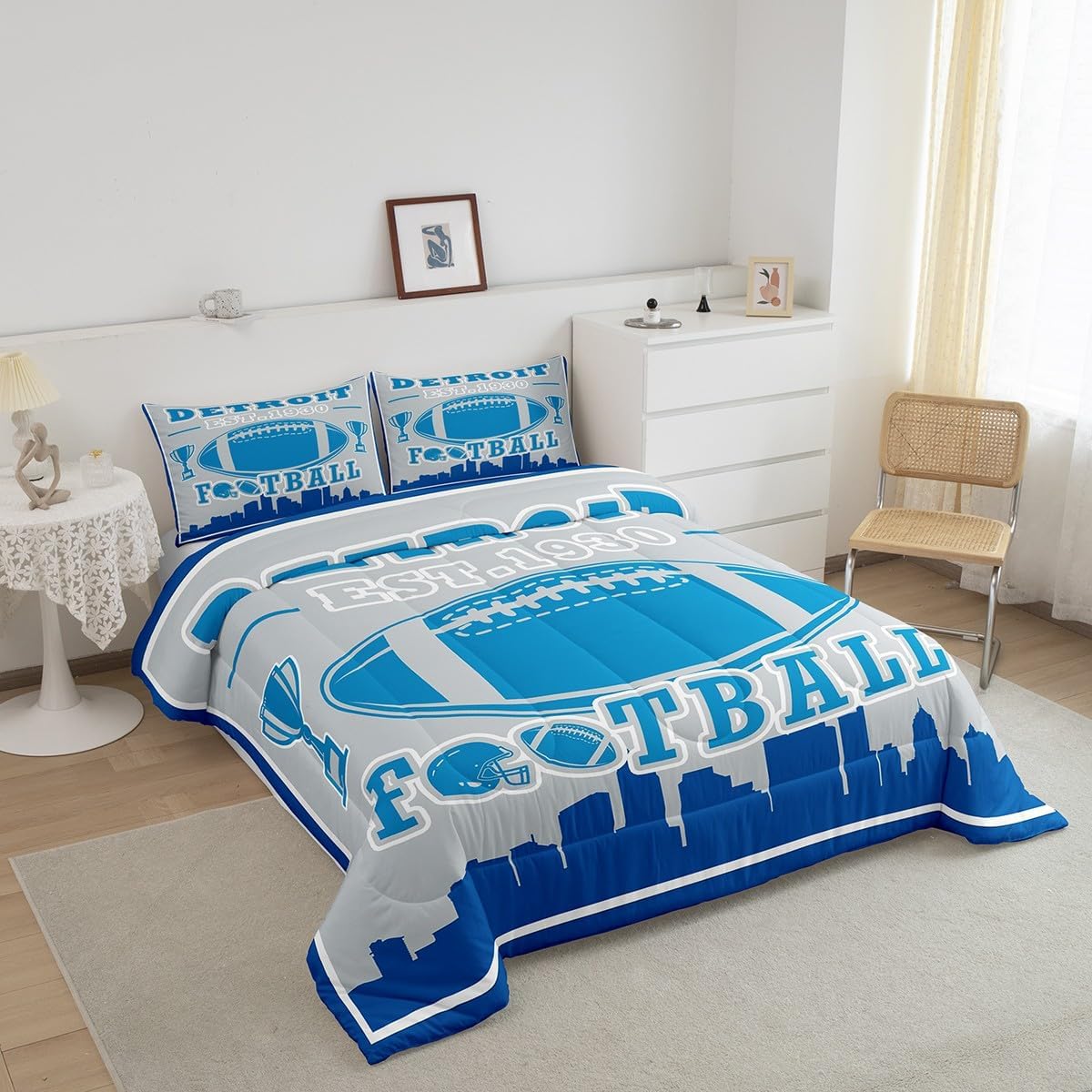 Erosebridal Blue Rugby Comforter Set Queen Size,American Football Bedding for Kids Boys Men,Football Lover Quilt,Sports Ball Game Duvet Insert for Sport Fans,Luxury Soft(Detroit)