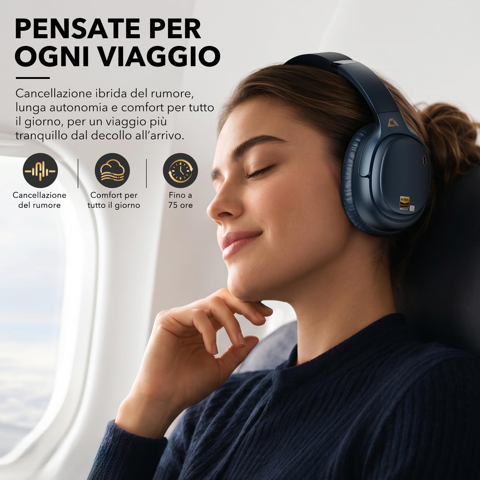 1Mii E700 Cuffie Wireless Bluetooth Over-Ear con Cancellazione Rumore, Blu | ANC Ibrida per Viaggi/Spostamenti, Audio Hi-Res LDAC per Musica, Comode per Ufficio/Studio, aptX Low Latency per TV/Aerei