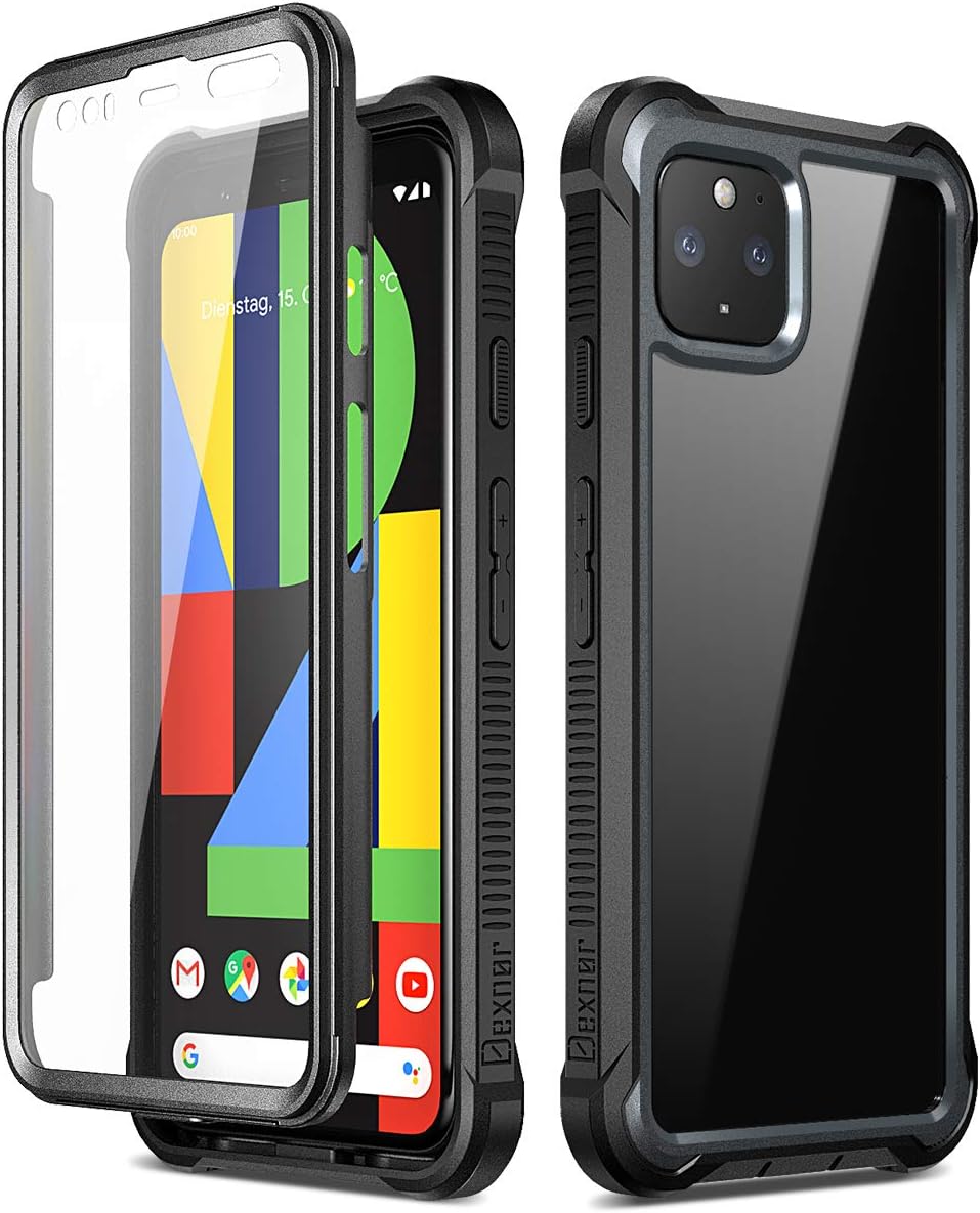 Dexnor Google Pixel 4 Case with Screen Protector Slim Clear Rugged Full Body Protective Shockproof Hard Back Defender Dual Layer Heavy Duty Bumper Cover Case for Google Pixel 4 - Black