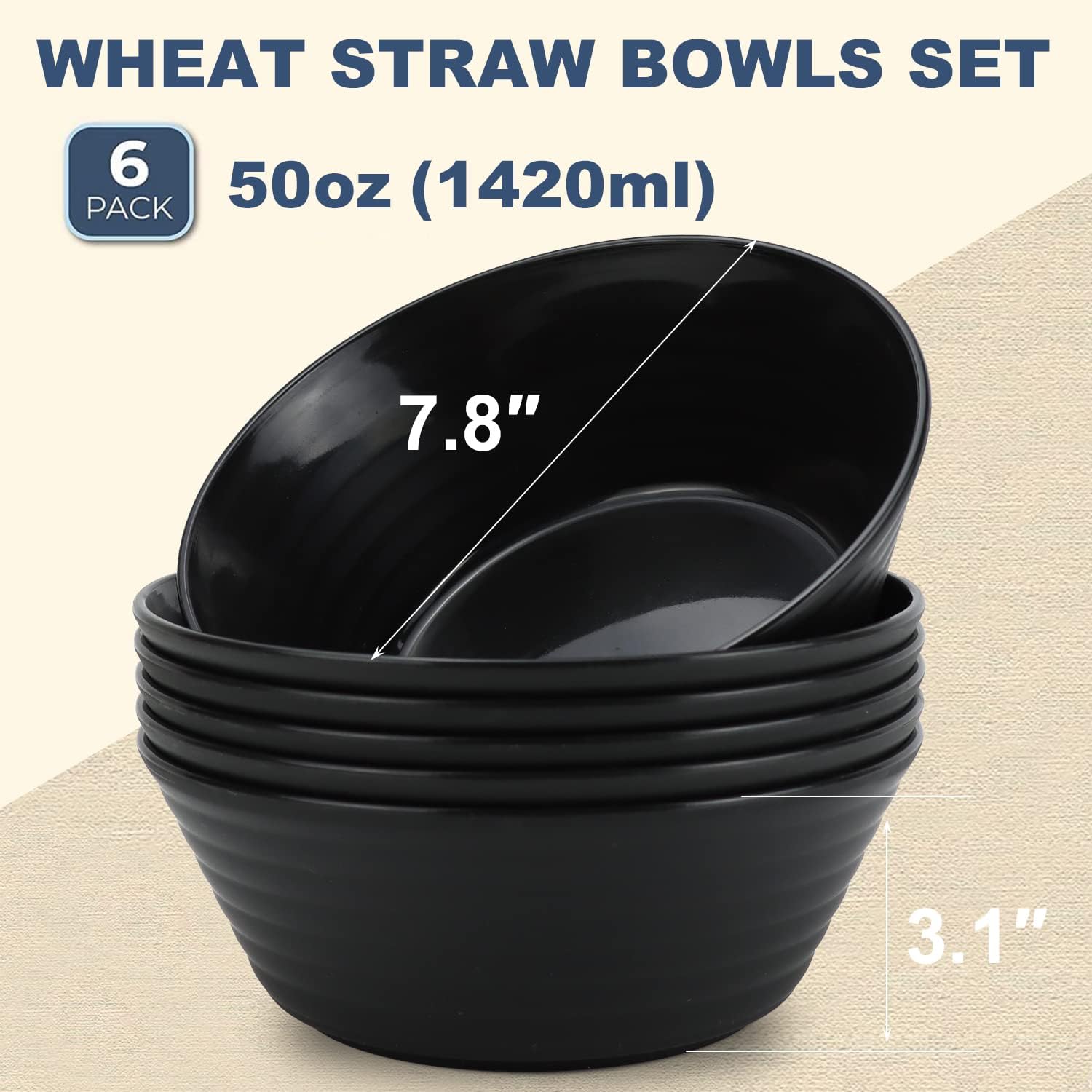 Wrova Wheat Straw Bowl Sets,6 PCS Unbreakable Big Cereal Bowl 50 OZ,Microwave and Dishwasher Safe Bowls,Alternative Plasic Bowl Reusable for Serving Soup,Oatmeal and Salad (Black)