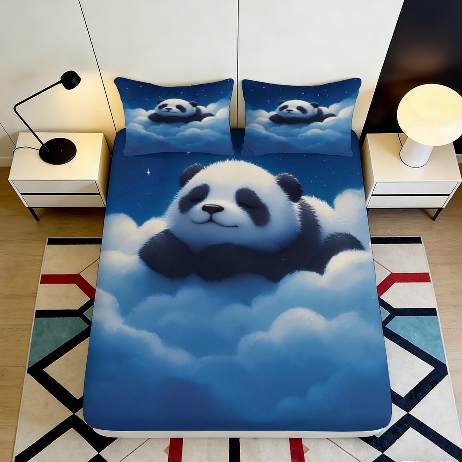 3D Printed Dreamy Panda Clouds Fitted Sheet Microfiber Soft Anti-Slip Night Sky Mattress Cover for Bedroom Dorm Decor 180x200x25cm