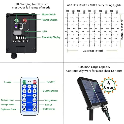 Miniatura 6 de 600 luces LED solares para cortina al aire libre, control remoto, glorieta, cascada, guirnalda de luces para colgar en la pared, patio, boda,