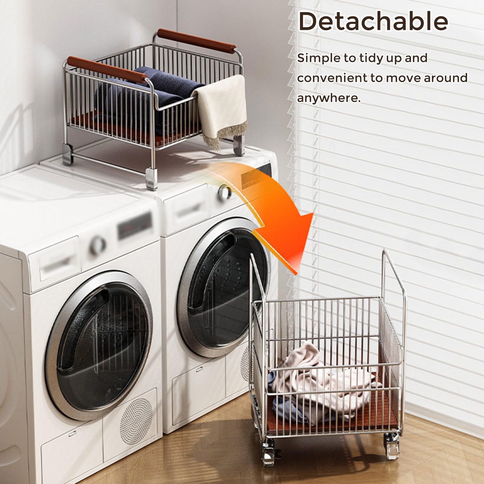 Cesto per biancheria sporca, carrello metallico 2 livelli ruote manici legn | Ruote silenziose, spazio ventilato asciugamani, telaio stabile per bagno, lavanderia e uso domestico