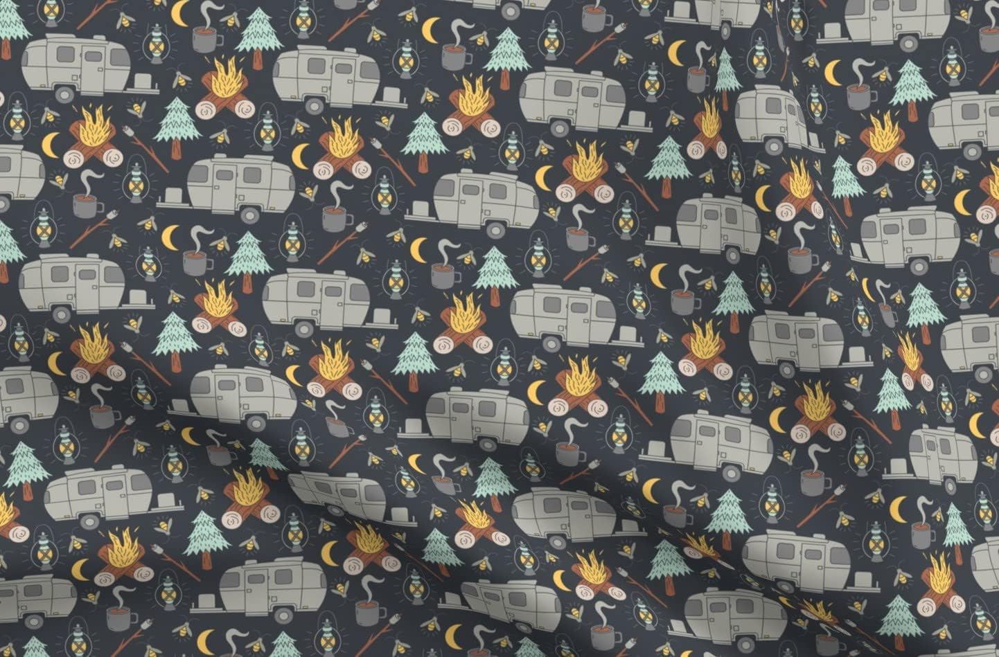 Spoonflower Fabric - Retro Camping Camper Campfire Fireflies Coffee Outdoors Printed on Organic Cotton Sateen Fabric by The Yard - Sewing Quilting Apparel Home Decor