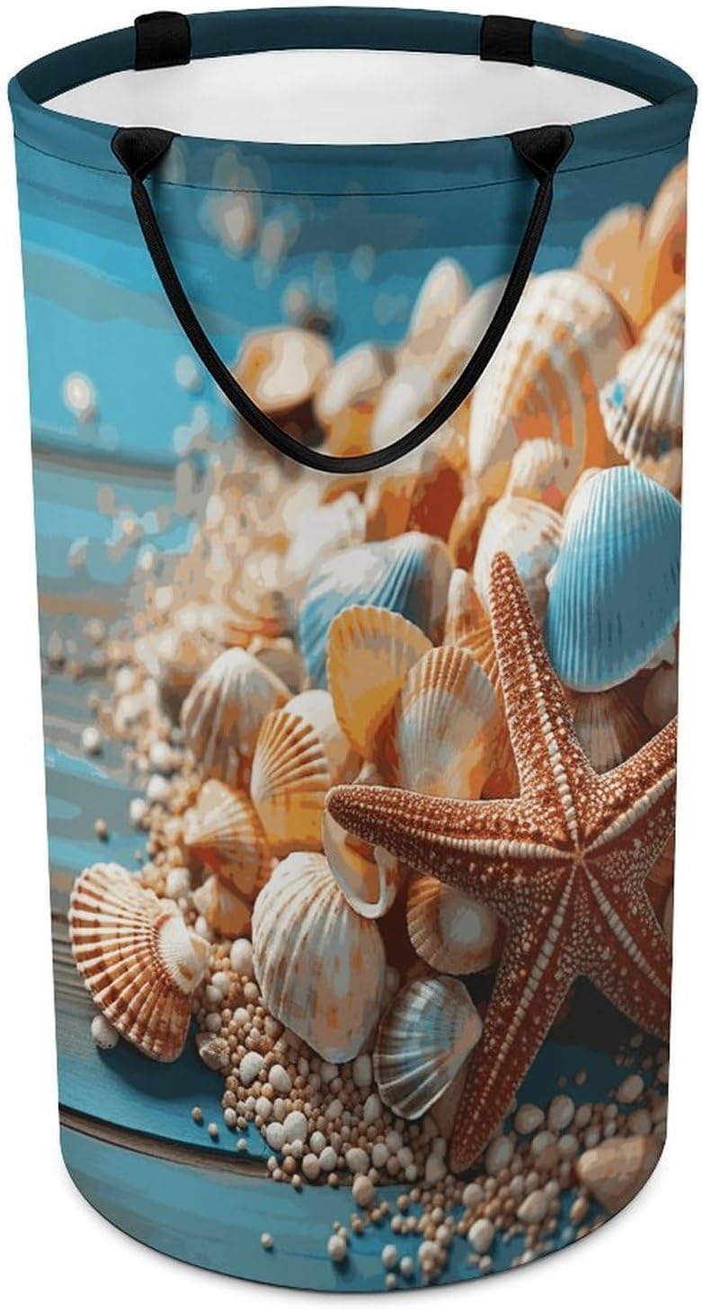 Large Laundry Hamper with Handles Sea Shells And Starfish Laundry Basket Freestanding Waterproof Clothes Hamper for Living Room Bedroom Bathroom College Dorm