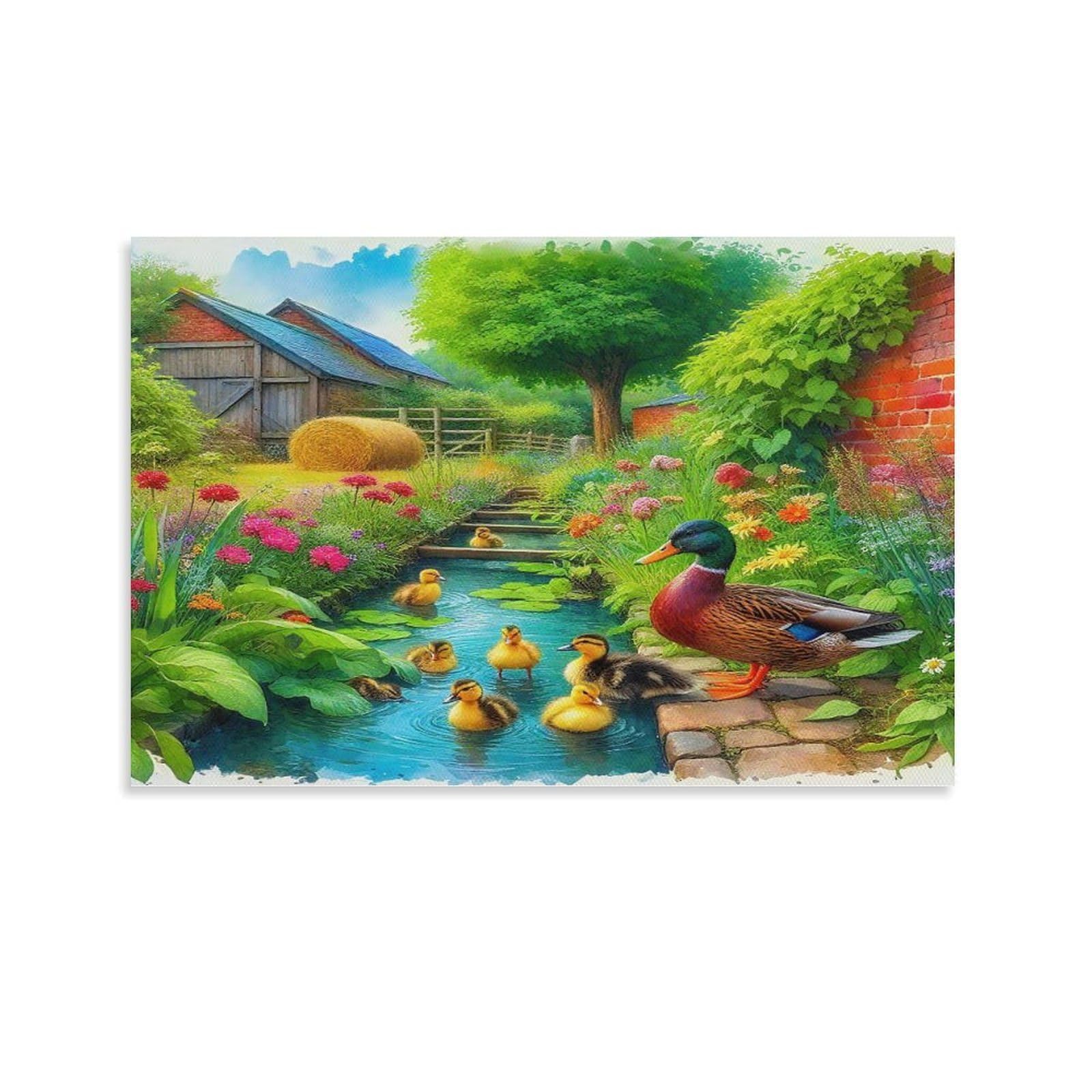 Cplvkwrqj Unframe-Style-4 Cute Bunny With Chicks Single Mallard Ducklings Farm Stream Garden Canvas Wall Art - Gift For Her/Him Living Room Focal Point Ready To Hang Decor 12X18inch(30X45cm)