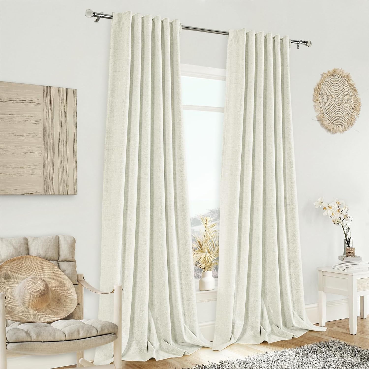 PANGSINNE 100% Blackout Cream Linen Curtains for Living Room - Back Tab Thermal Insulated Farmhouse Drapes Room Darkening for Bedroom, Natural 90 Inch Length 2 Panels Set