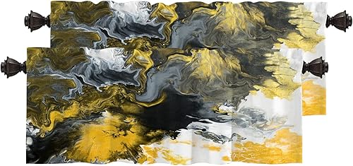 BaoNews Cenefas de cocina abstractas con patrón de agua amarillo para ventanas, cortinas opacas de poliéster multicapa para cocina, dormitorio,