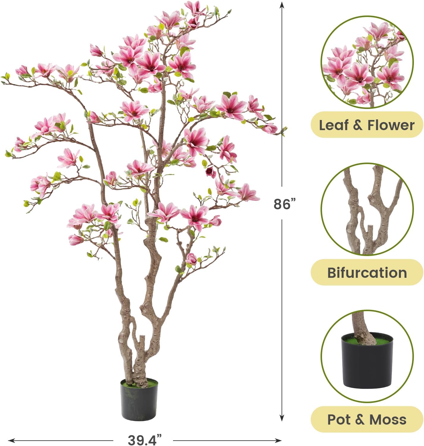 Artificial Magnolia Tree, 6.8FT Tall Fake Indoor Tree, Realistic Real Touch Leaves and Flowers, Perfect for Home Decor, Living Room, Wedding, and Hotel Decor (Pink) - Image 2