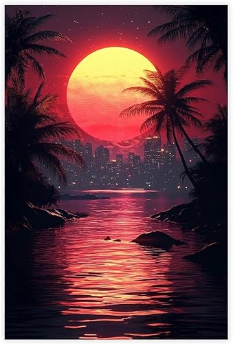 ZMLIS Futuristic Vaporwave Retro Wall Art  Neon Grid Palm Trees City  Synthwave Style 80s Digital Print Canvas Wall Art Print Poster For Home School