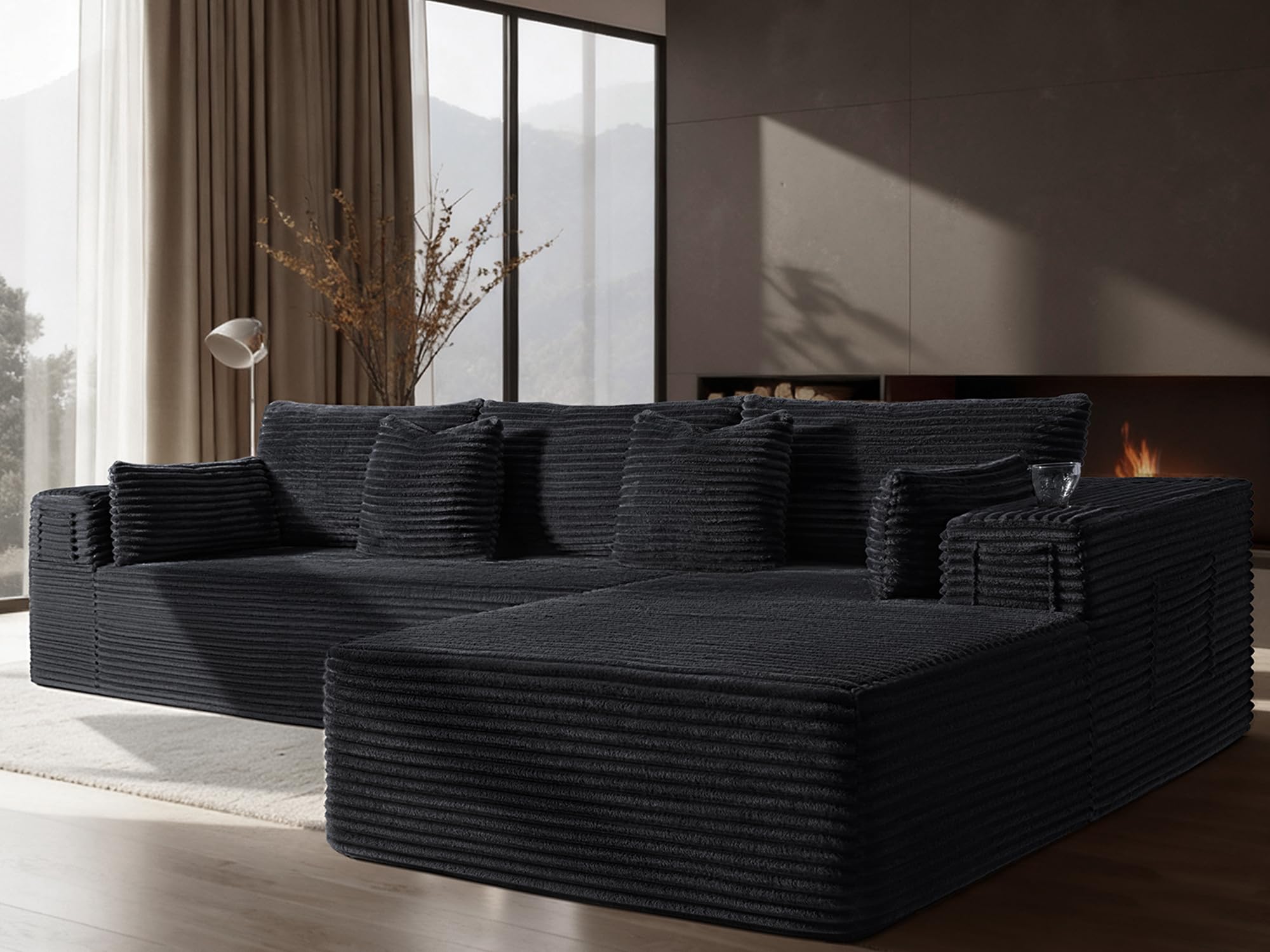 108" Oversized Cloud Sectional Couch, Comfort L Shaped Boneless Couch for Living Room, Extra Deep Seats No Assembly, Modular Sofa, Corduroy (Black, 2 Seater+Right Facing Chaise)