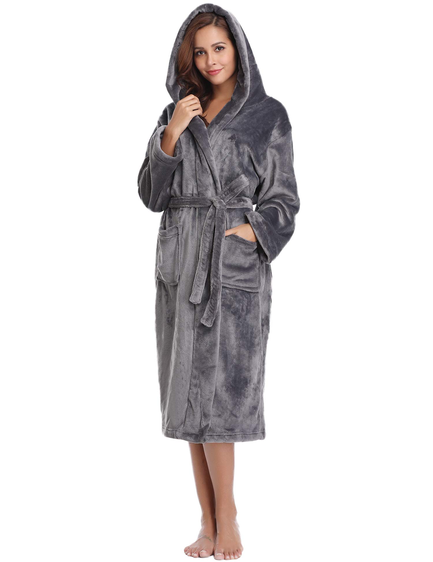 Vlazom Damen Winter Bademantel Flanell mit Kapuze Langärme Morgenmantel Saunamantel Flauschiger Robe Hausmantel