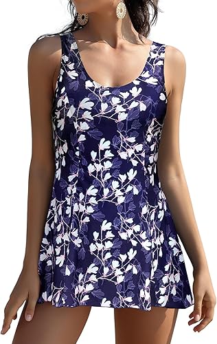 SHEKINI Traje de baño de una pieza con control de abdomen para mujer cuello en U falda