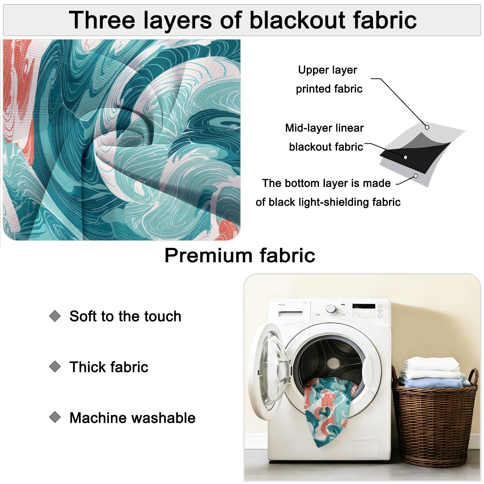 Generisch Natur Skandinavisch Vorhänge mit Ösen, Blau Blickdichte Vorhänge Wohnzimmer Schlafzimmer, Meer Wellen Wirbel Maschine Waschbar Fenster Verdunkelungsvorhänge, H215 x B110 cm 2 Stück
