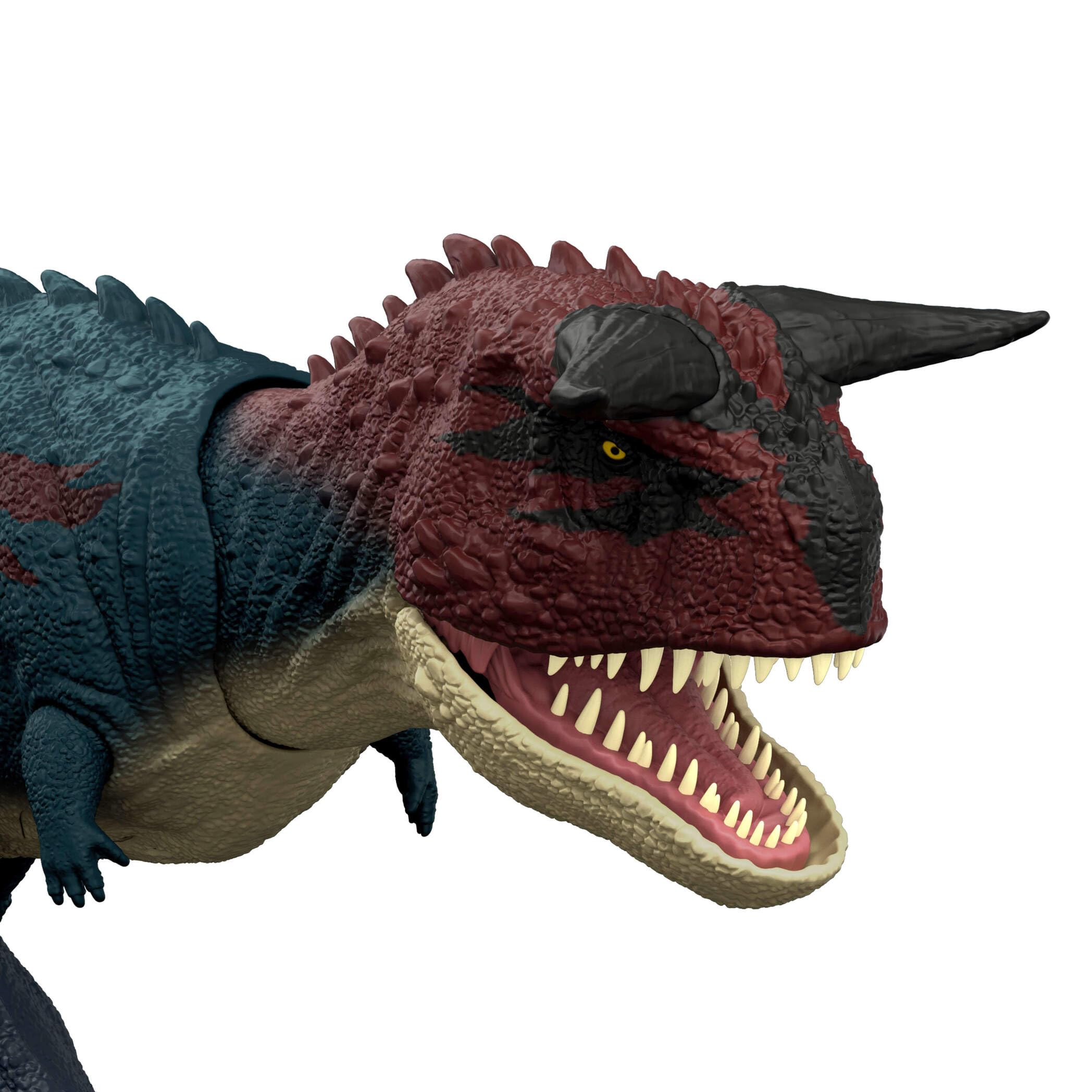 Mattel Jurassic World Corre y Devora Carnotauro, Figura de acción de Dinosaurio Que Corre y muerde, con Sonidos de rugidos y Juego Digital, JKG85