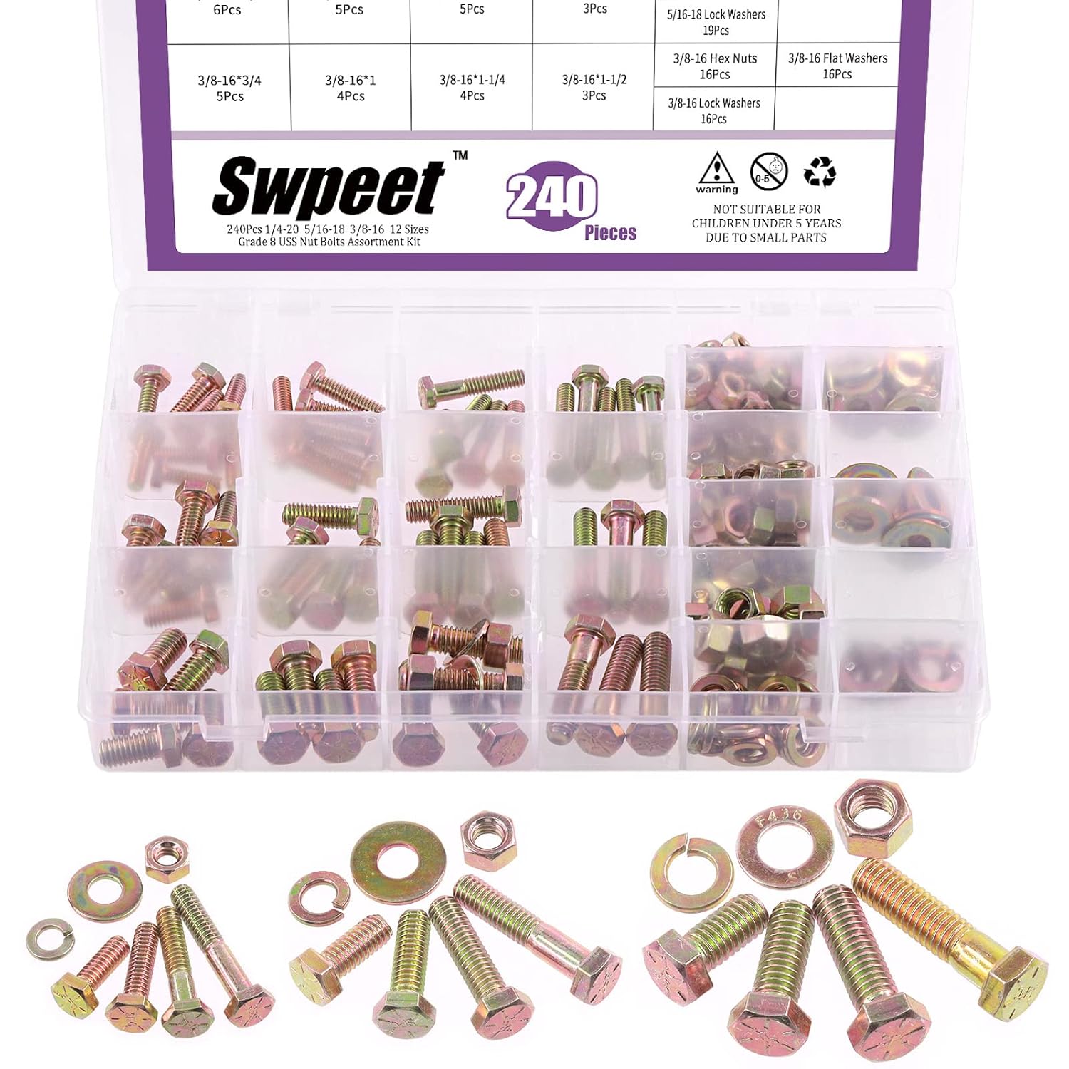Swpeet 240Pcs 1/4-20 5/16-18 3/8-16 12 Sizes Grade 8 USS Nut Bolts Assortment Kit, Heavy Duty Bolt Nut and Washer Assortment Coarse Thread Hex Head Cap Screws Bolt Flat and Lock Washer