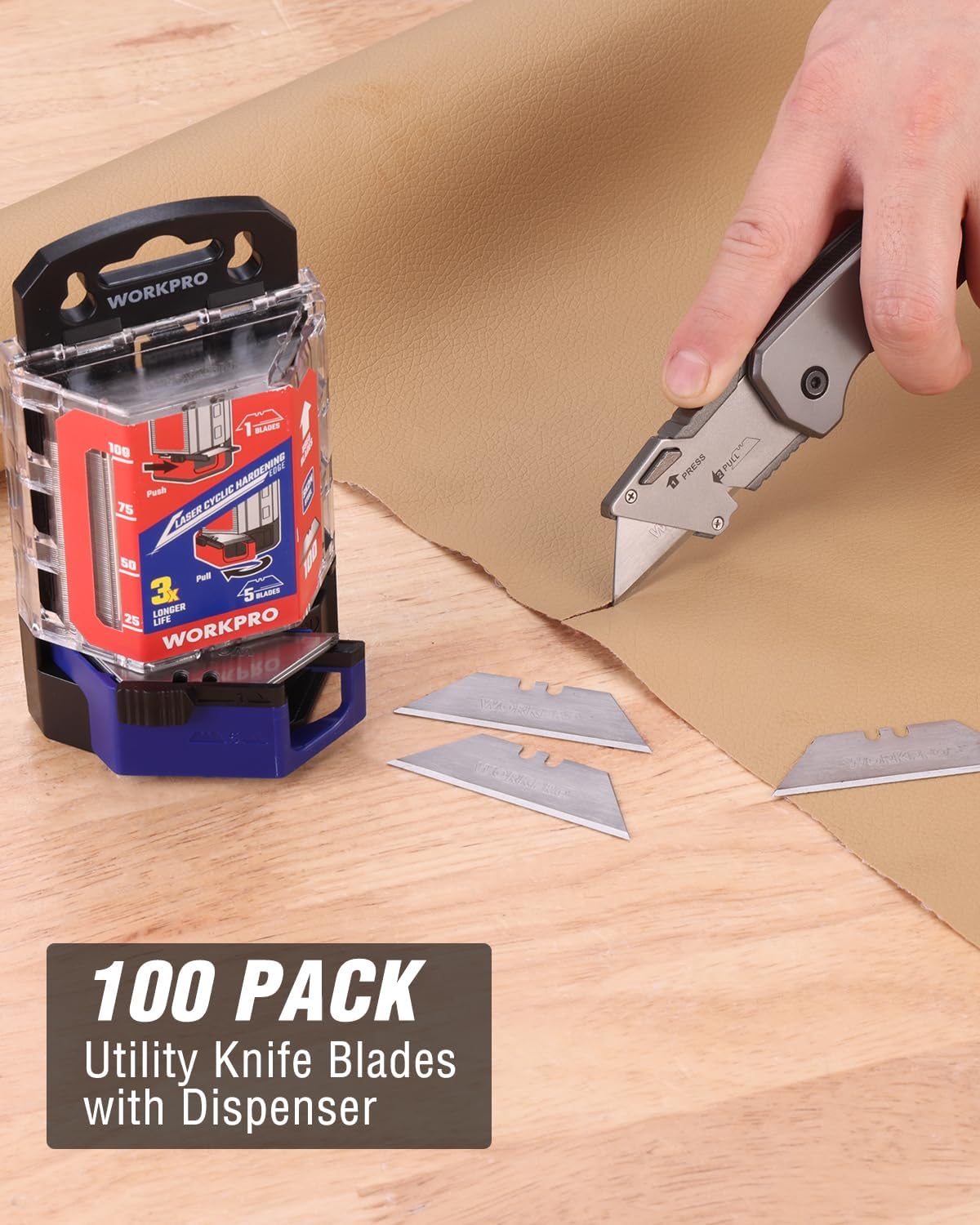 WORKPRO Utility Knife Blades 100-Pack, SK2M Steel Ultra Sharp Razor Blades with Dispenser, Replacement Blades for Box Cutters, Fits Most Standard Utility Knives