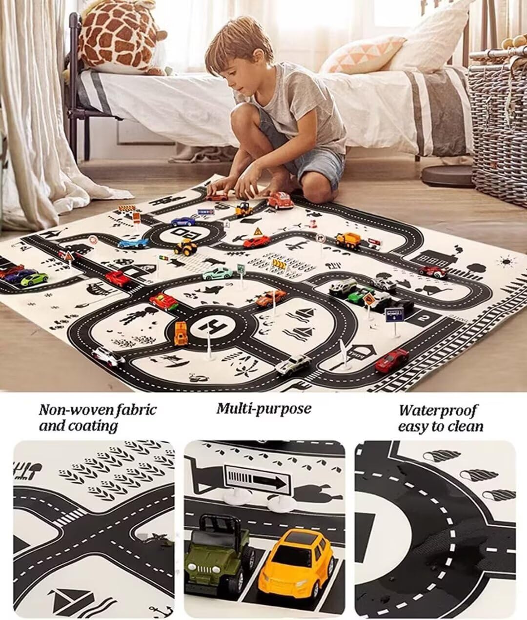 Tappetino da gioco sottile con pellicola di plastica,tappeto da gioco impermeabile con motivo a pista stradale,tappetino per parcheggio bianco nero,tappeto per cameretta della sala giochi,comodino