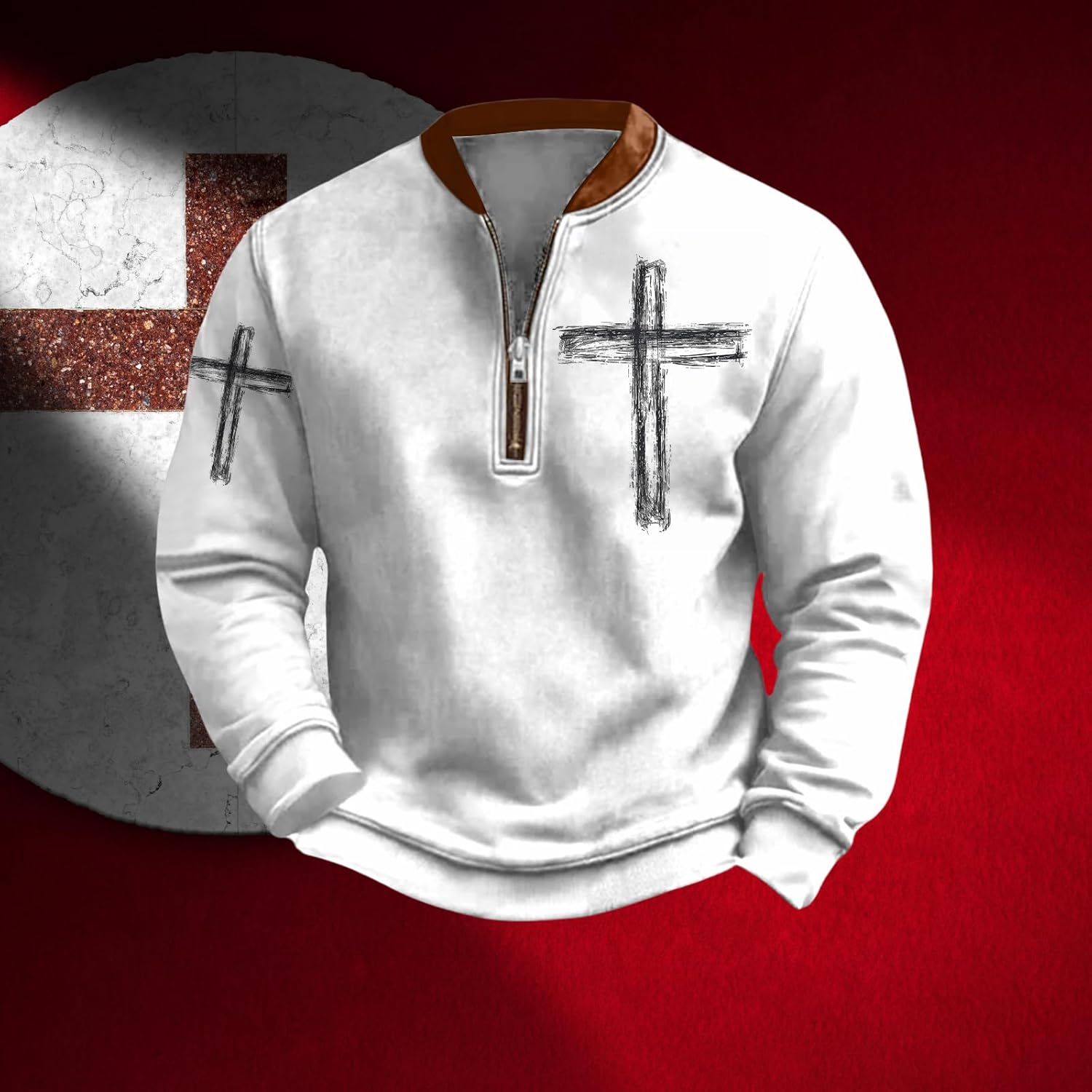 Bengbobar Mens Christian Sweatshirts Casual 1/4 Zip Jacket Jesus Cross Print Sweatshirt Fall Fashion Sweatshirts - Image 2