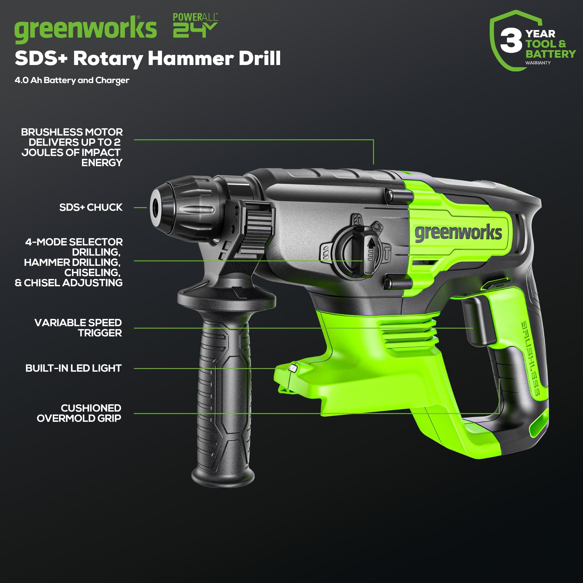 Greenworks Martello perforatore da 24 V 2J e avvitatore a percussione da 300 Nm, con batteria da 4 Ah e caricabatterie