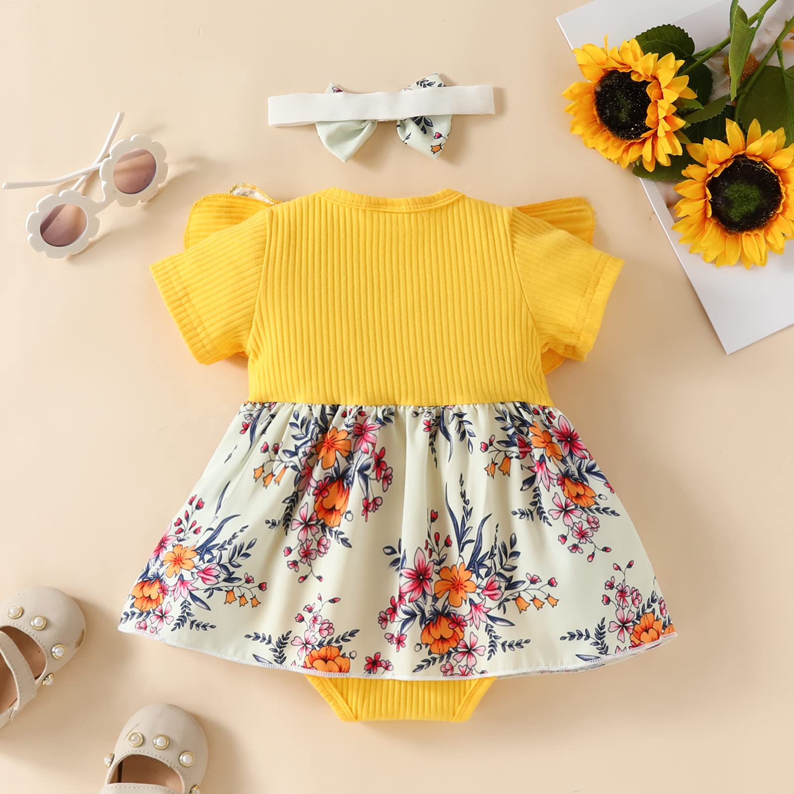 Yccutest newborn baby girl floral romper dress infant ruffle short sleeve ribbed romper knitted onesie Bodysuit One-Piece Jumpsuits (Yellow, 6-9 Months)