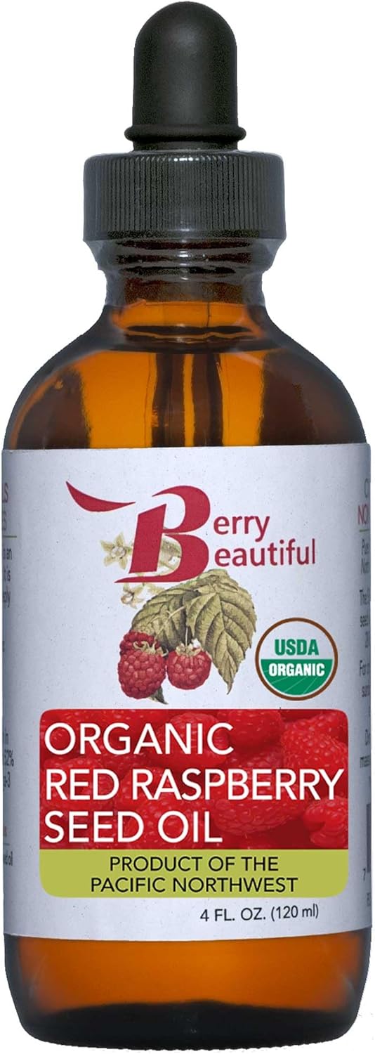 Certified Organic Red Raspberry Seed Oil - Cold Pressed by Berry Beautiful from Organically grown Raspberries - 100% Pure & Unrefined (4 fl oz)
