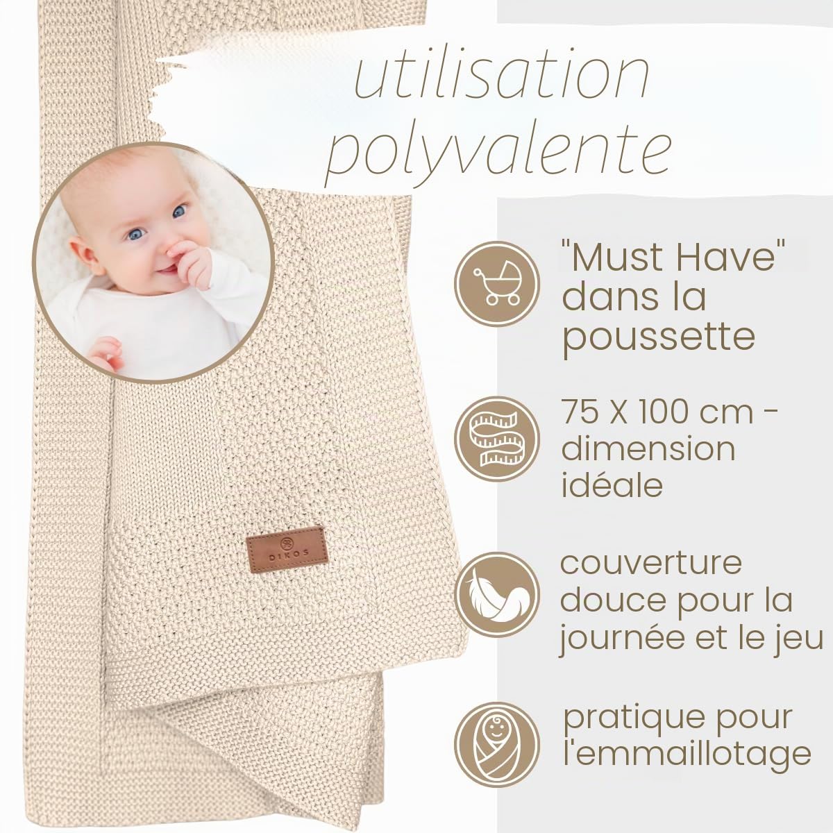 DIKOS® Couverture pour bébé en 100% Coton Bio GOTS | Couverture tricotée Douce pour Nouveau-né avec Bordure pour Fille/garçon Toute l'année | Durable en Coton | Cadeau de Naissance (Beige Naturel)