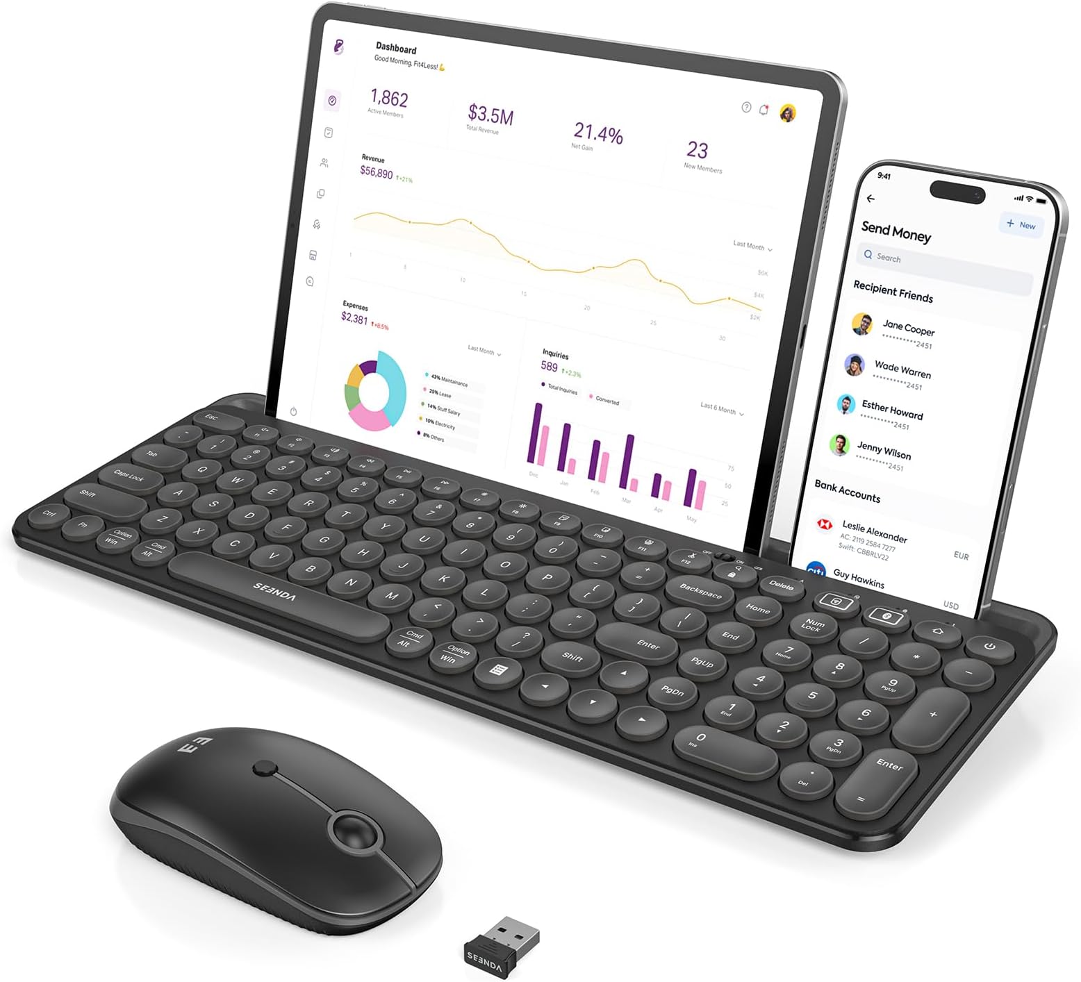 seenda Bluetooth Keyboard and Mouse for iPad, CTU-301 Wireless Multi-Device Connection Bluetooth+2.4G Keyboard Mouse Combo with Tablet Holder for iPad/MacBook/Windows, iOS/Andriod/Phone, Black