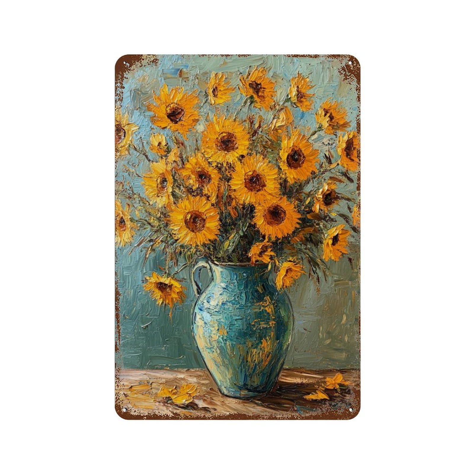 Sunflower Bouquet in Blue Vase Weathered Tin Sign 11.8"x7.9", Ideal for Patio, Garden Room And Bar Decor