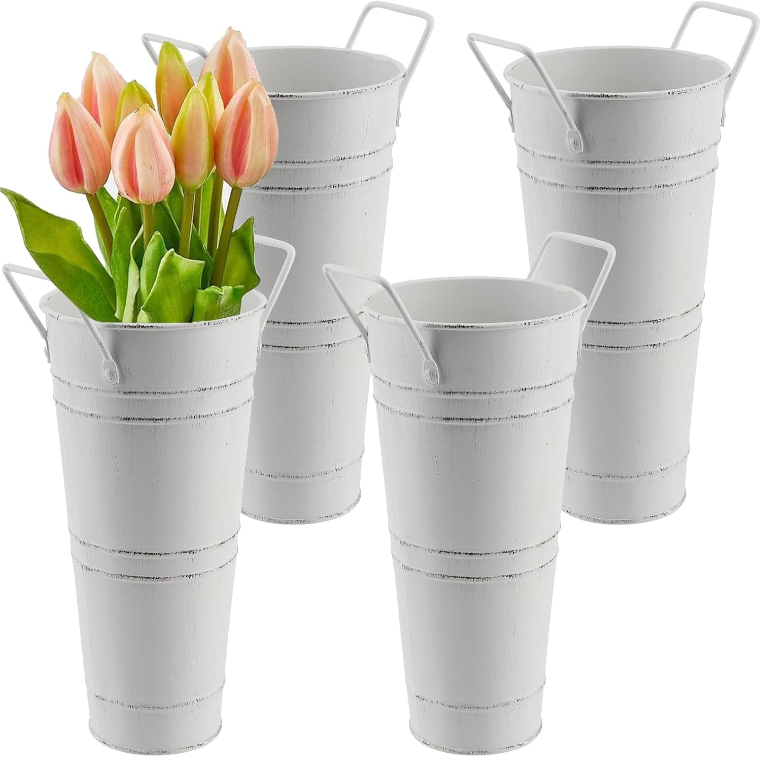 ZEONHEI 4 Pack 9 Inch Tall Galvanized Flower Bucket, White