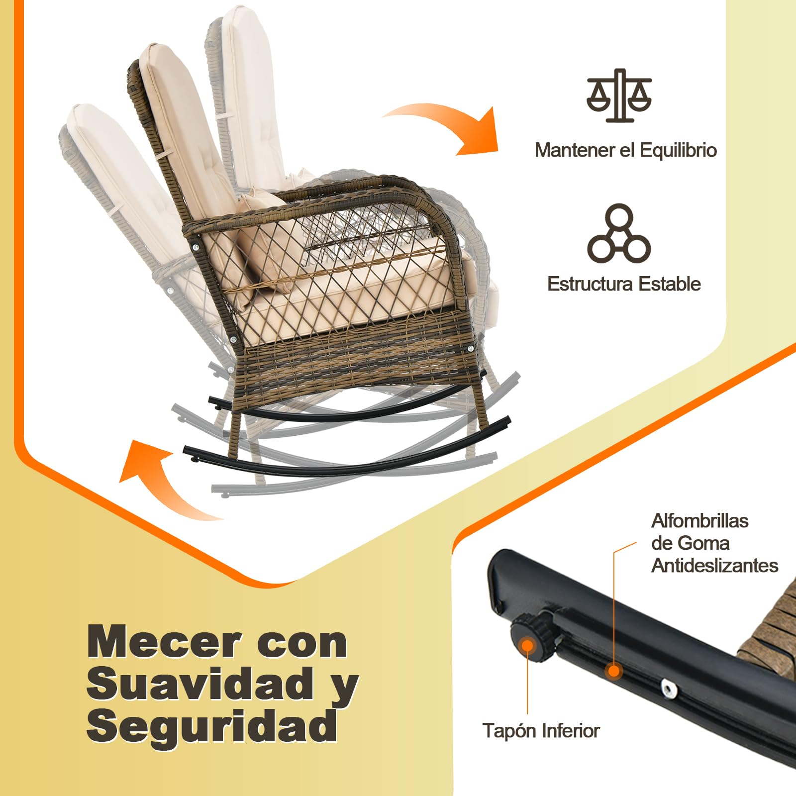 GIANTEX Juego de Muebles de Ratán 3 Piezas, Cojunto de Mecedoras para Jardín, 1 Mesa de Café y 2 Mecedoras, con Cojines, Juego de Mesa y Silla para Jardín, Terraza y Patio