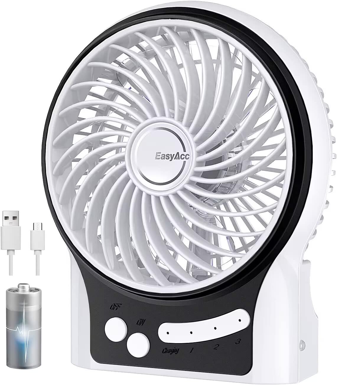 EasyAcc Battery Fan, Rechargeable Table Fan Battery,Internal and Side Light 2-8.6 Hours Adjustable 3 Speeds Portable Handheld Personal Mini USB Fan Cooling for Traveling,Camping-White