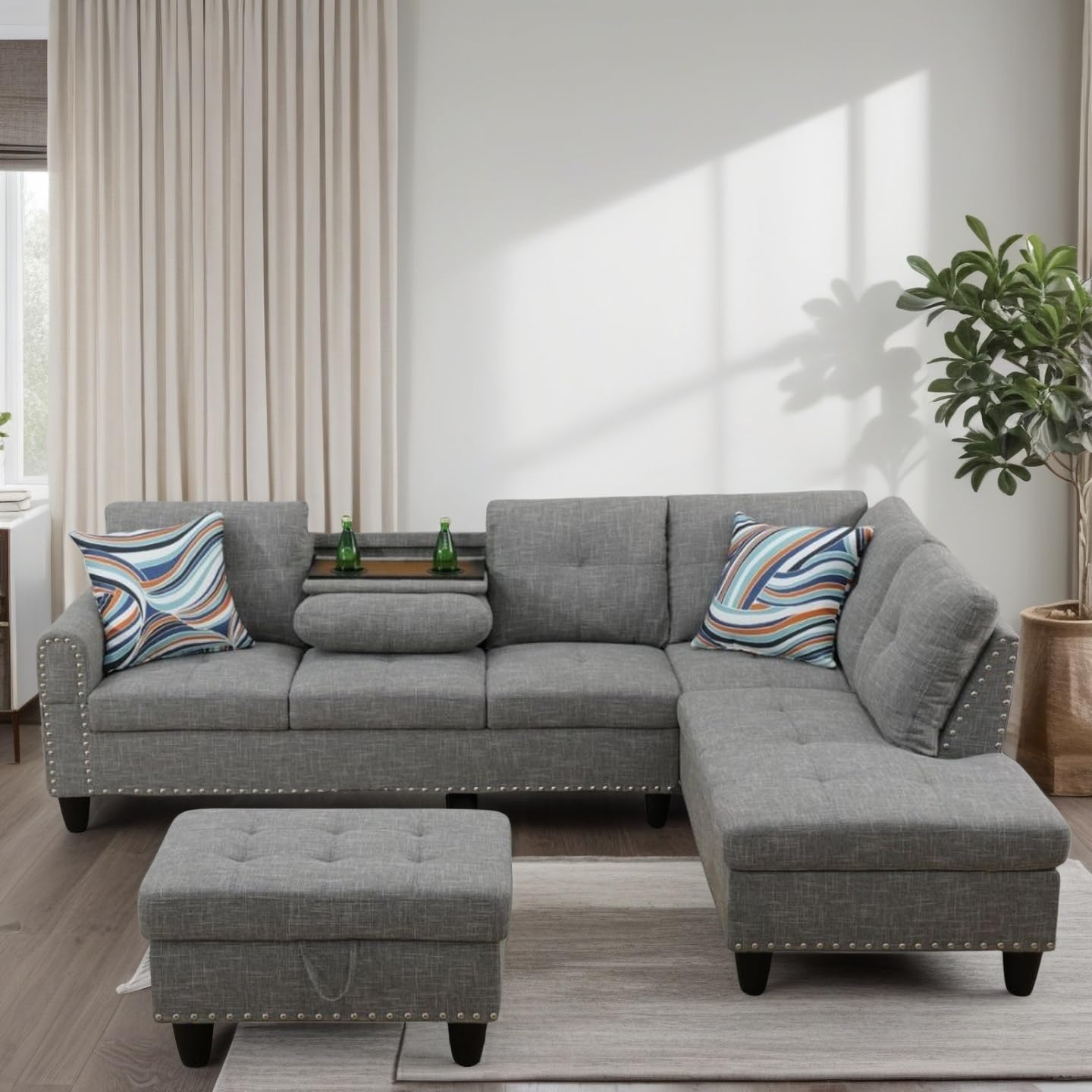 L Shaped Couches for Living Room, Sectional Couch Living Room Furniture with Storage Ottoman, Modular Sectional Sofa with Movable Chaise for Apartment Office, Brown Grey