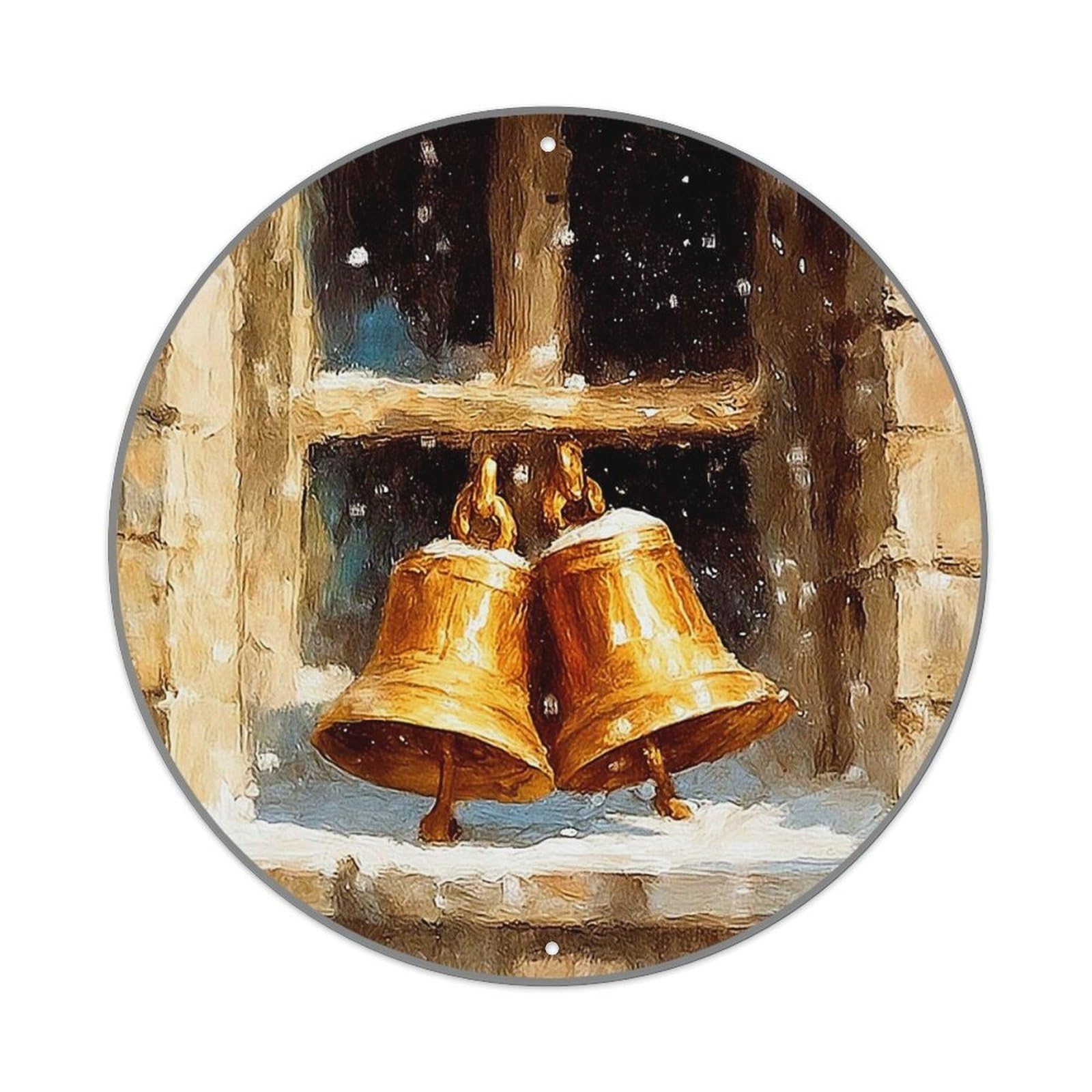Golden Bells On Snowy Ledge Vintage Metal Tin Sign Retro Wall Decor for Home Bar Garage Cafe, Indoor & Outdoor Decorative，circle Metal Poster, 8x8 Inch
