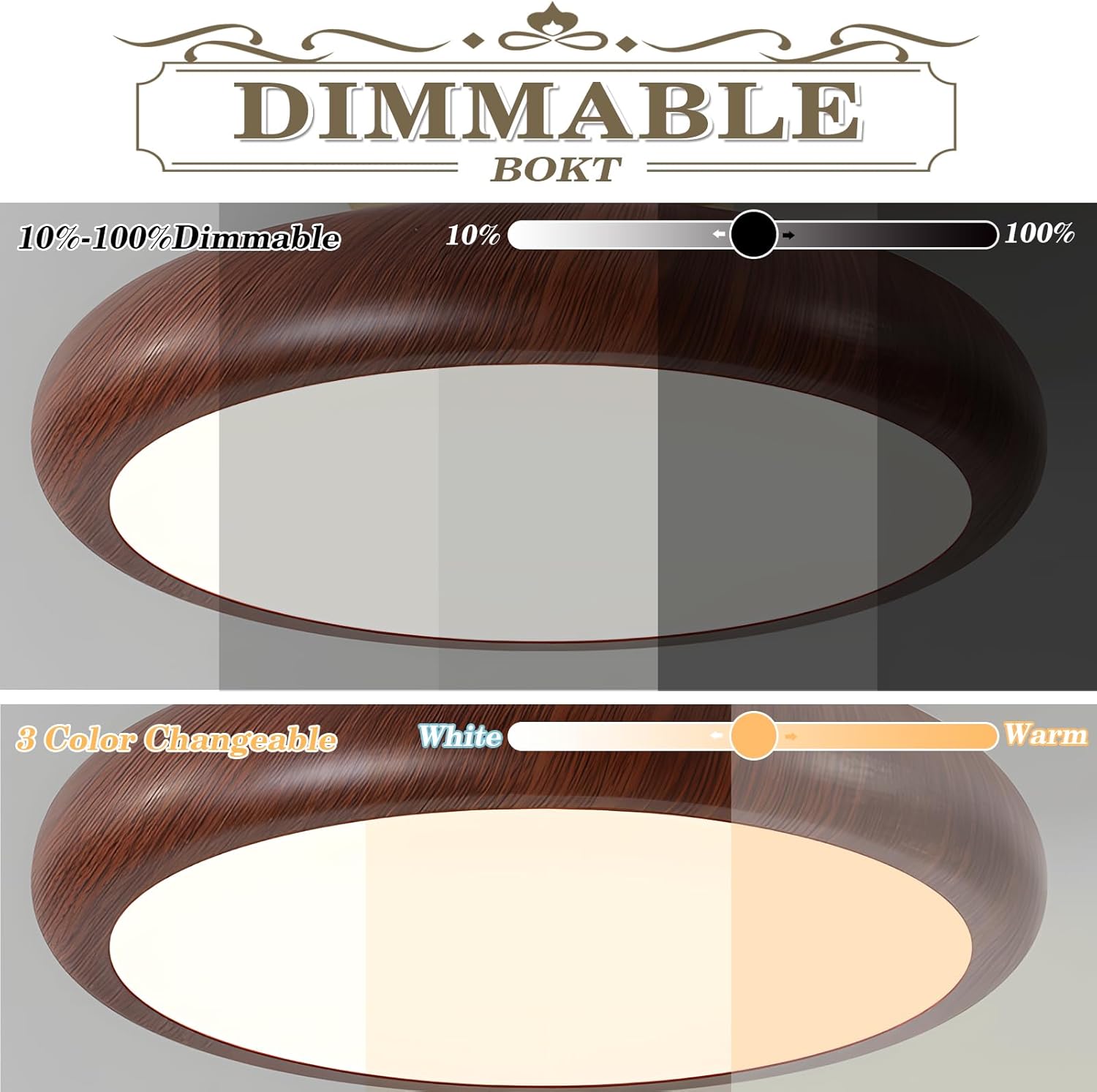 BOKT LED Gold Semi Flush Mount Ceiling Fixture Remote Control Dimmable 2700K-6000K Lighting 11.8 Inch Round Close to Ceiling Lighting Fixtures Entryway Wood Grain Mini Ceiling Lighting