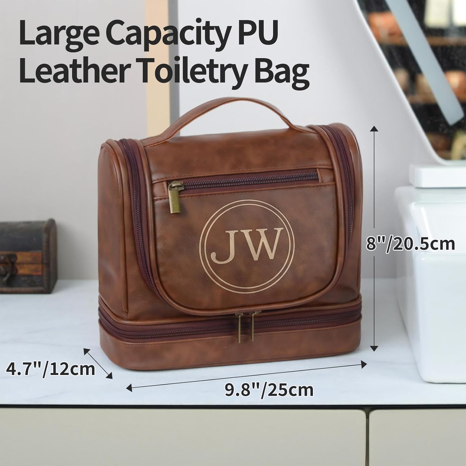 Personalized Hanging Toiletry Bag for Men, Large Capacity PU Leather Vintage Color Travel Dopp Kit, Gifts for Dad Husband Boyfriend Groomsmen, Engraved Custom Name, Birthday Xmas Wedding (Syle 4)