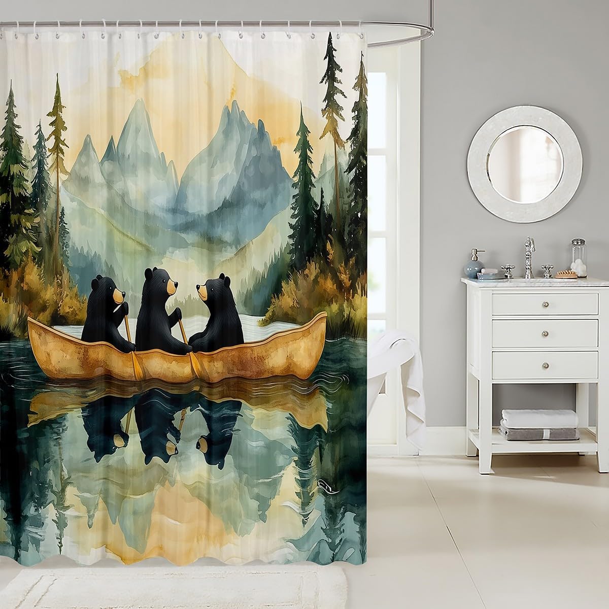 Bear Family Kids Shower Curtains,Boating Paddle Mountain Lake House Fishing Bathroom Curtains for Boys Girls,Hunt Animal Adventure Green Rustic Waterproof Curtains,12 Hooks Suits,72" W x 84" L
