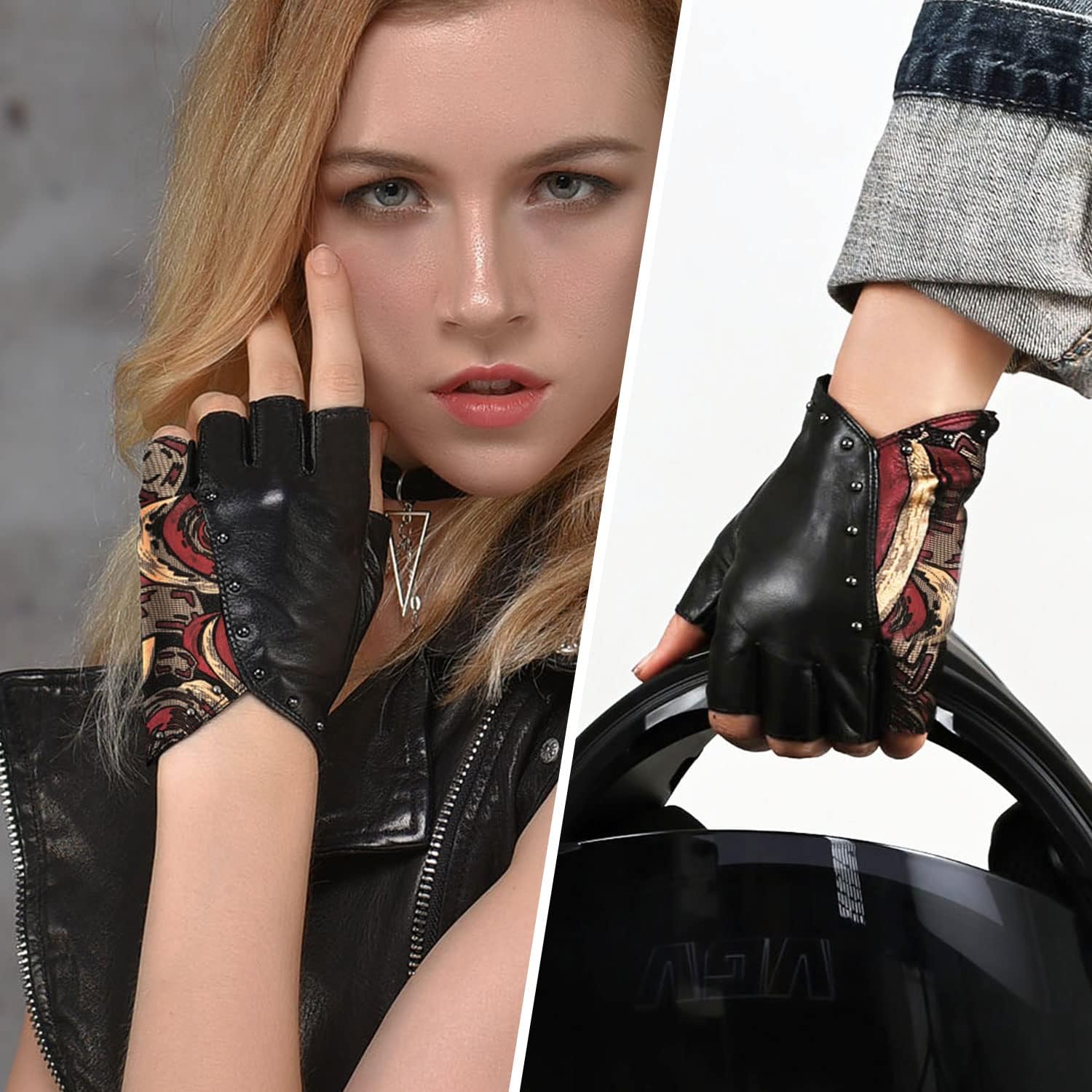 FIORETTO Womens Punk Fingerless Leather Gloves for Driving Motorcycle Unlined Half Finger Sheepskin W180416 - Image 2