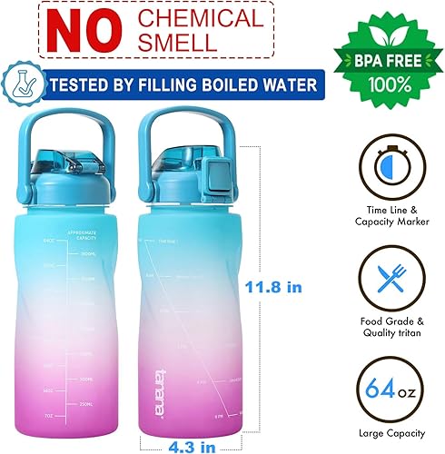 Miniatura 2 de TANANA Botella de agua de medio galón de 64 onzas con manga, sin olor químico, sin fugas, sin tritánBPA, jarra de agua de 12 galón con marcador de
