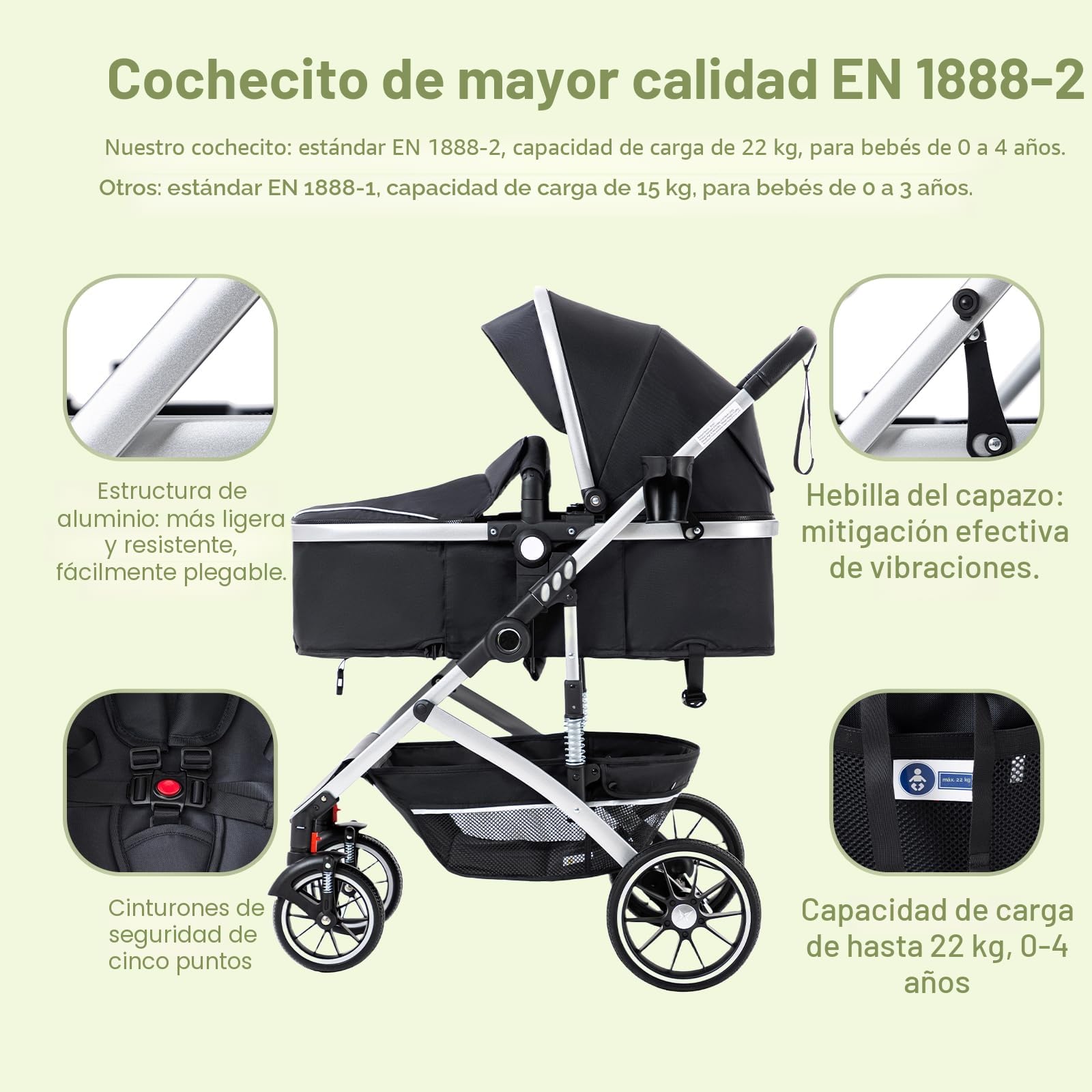 Zkiprm Cochecito de bebé 3 en 1 con sistema de viaje con capazo, hasta 22 kg, plegable, marco de aluminio, mosquitera, cubierta de lluvia, bolso mamá, 0-4 años, Blanco