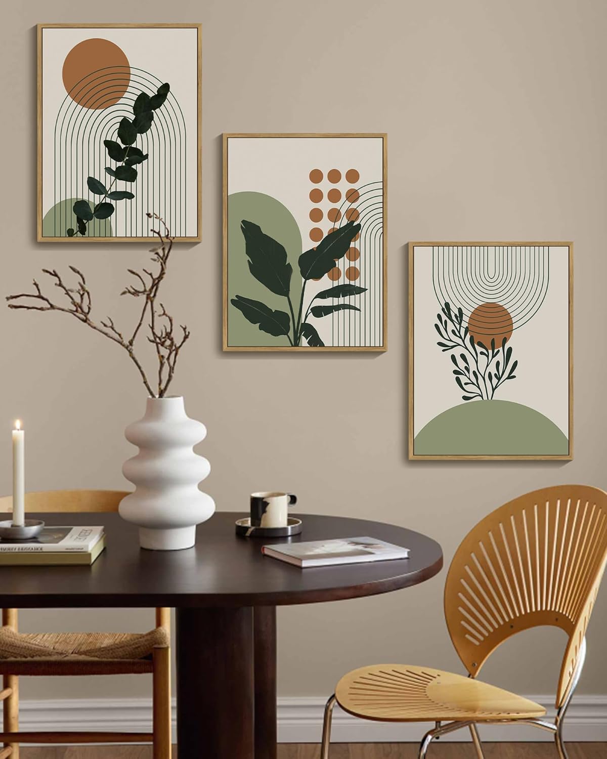 PHOPAGO Boho Plant Wall Art Green Botanical Bohemain Framed Wall Printing 11x14in Abstract Canvas Prints with Leaf & Sun Lines - Natural Framed