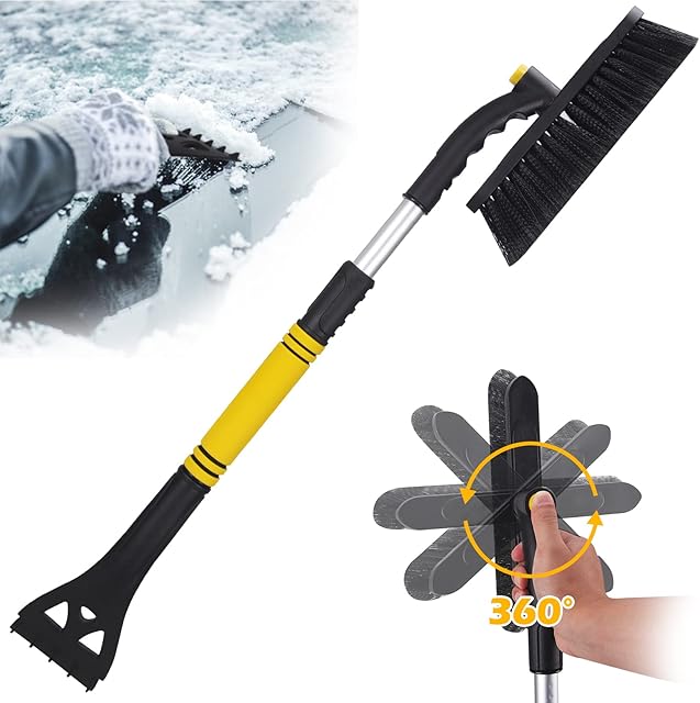 Lechin Ice Scraper & Snow Brush(2 in 1) Easy to Assemble, Winter Snow Brush With Extendable Handle for Car Windshield and Window, Suitable for Trucks and SUVYellow